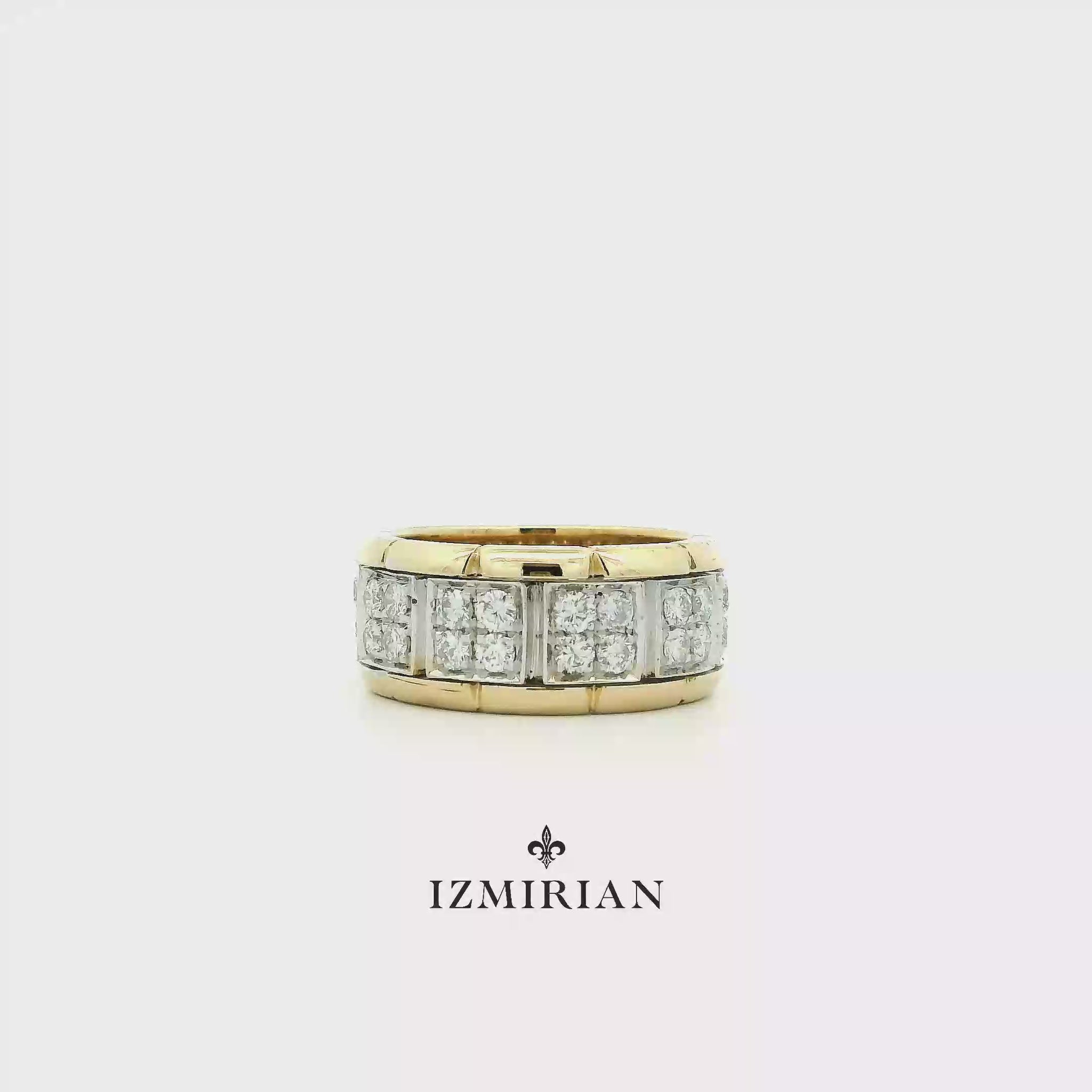 Two-tone yellow and white gold diamond band ring shown in motion