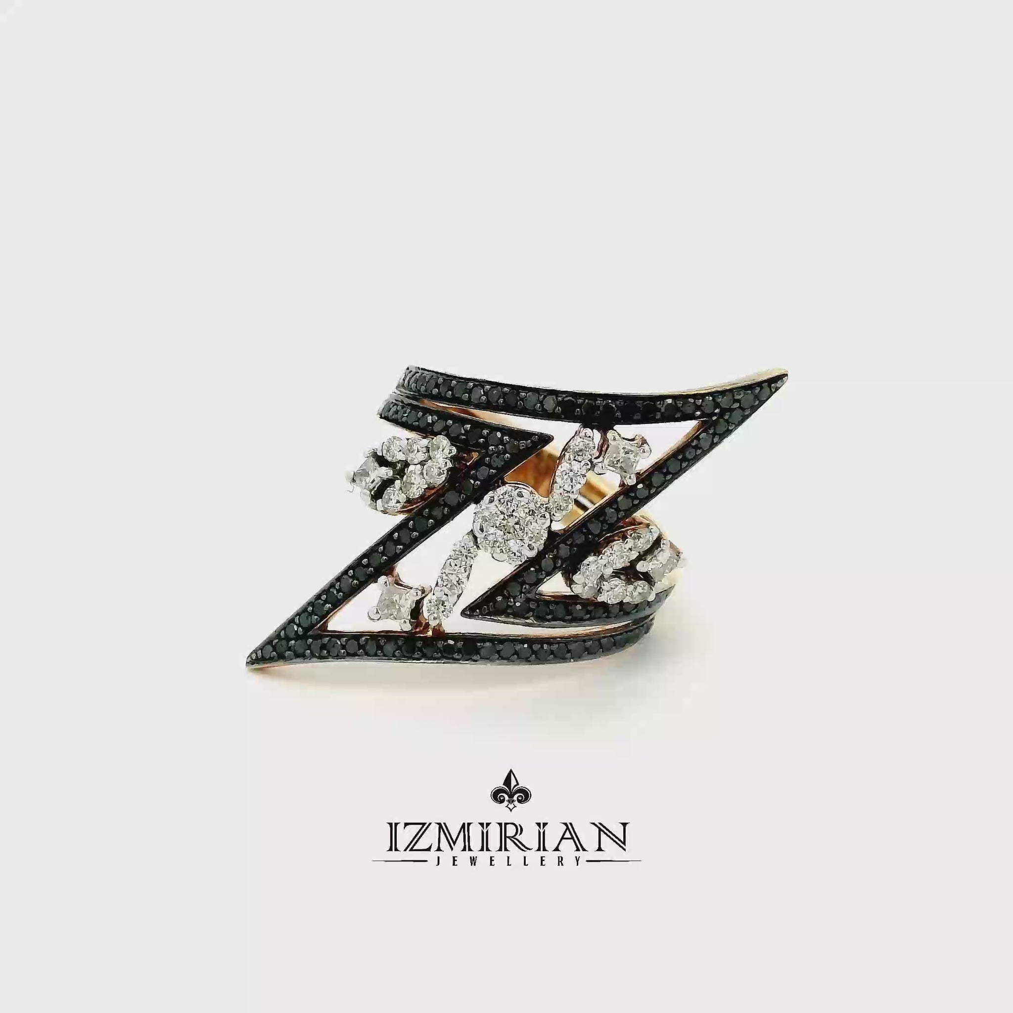 Black and white diamond zigzag ring in rose gold shown in motion