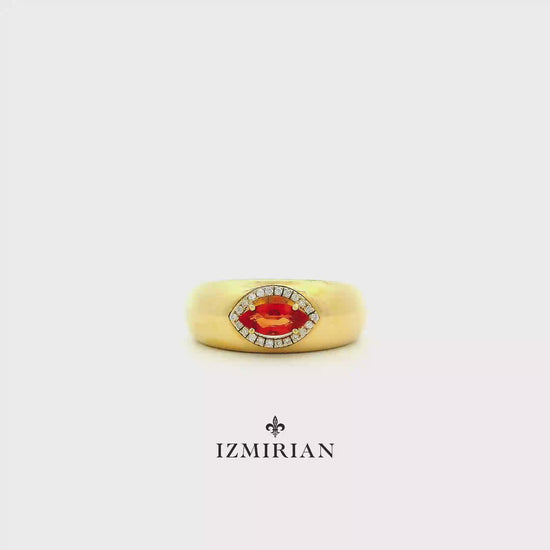 Marquise ruby diamond signet ring in yellow gold shown in motion