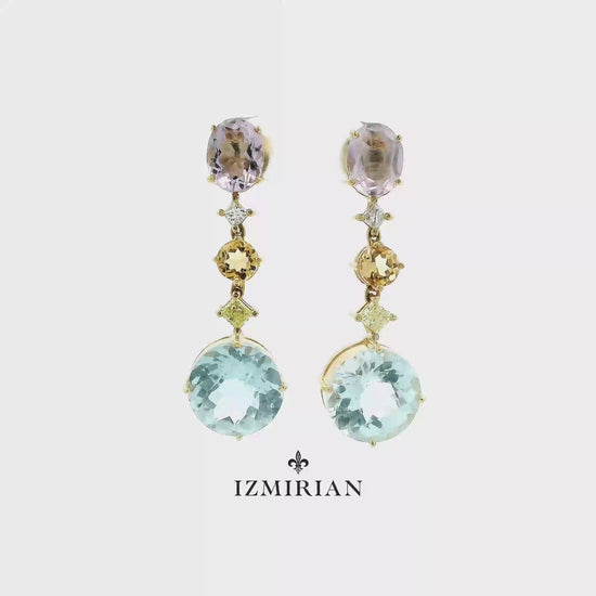 Multicolor gemstone drop earrings in yellow gold shown in motion