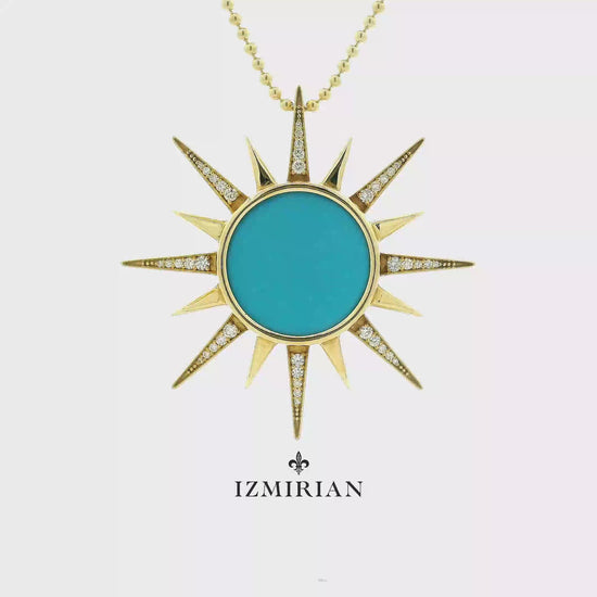 Yellow gold turquoise sunburst pendant shown in motion