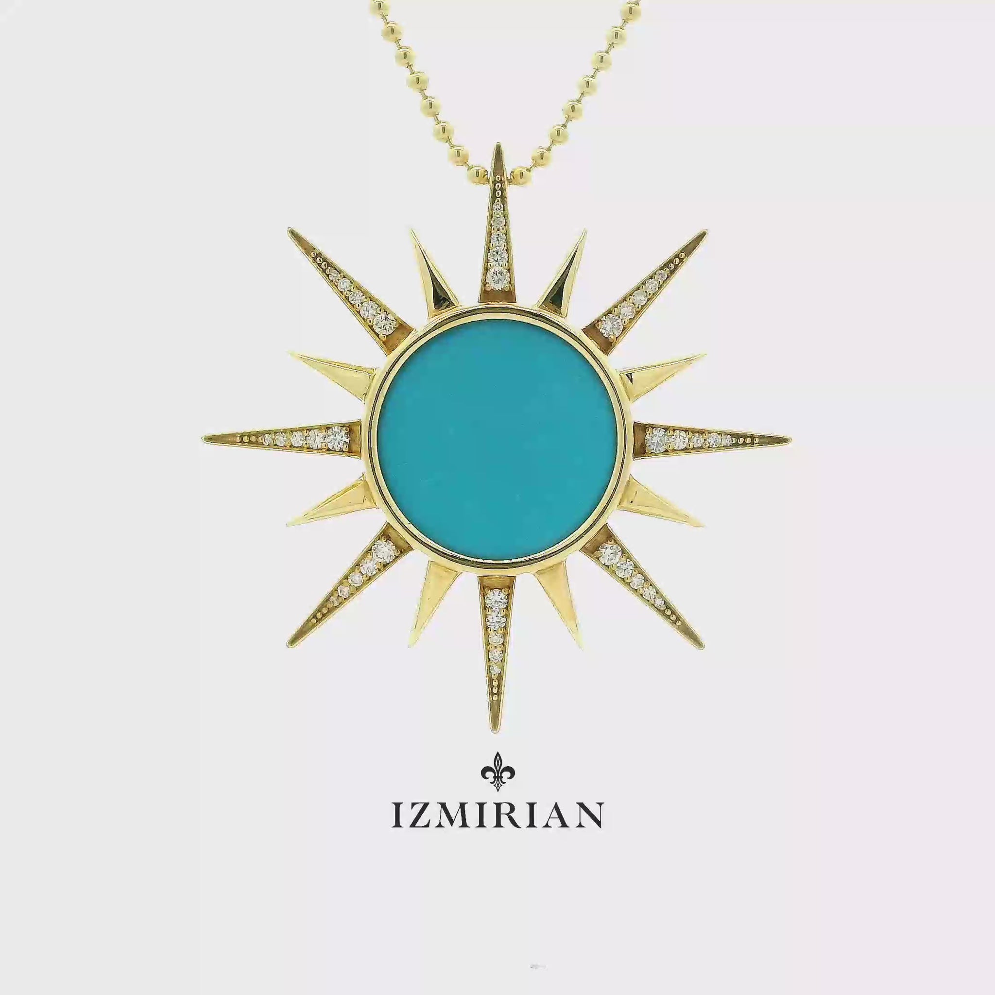Yellow gold turquoise sunburst pendant shown in motion