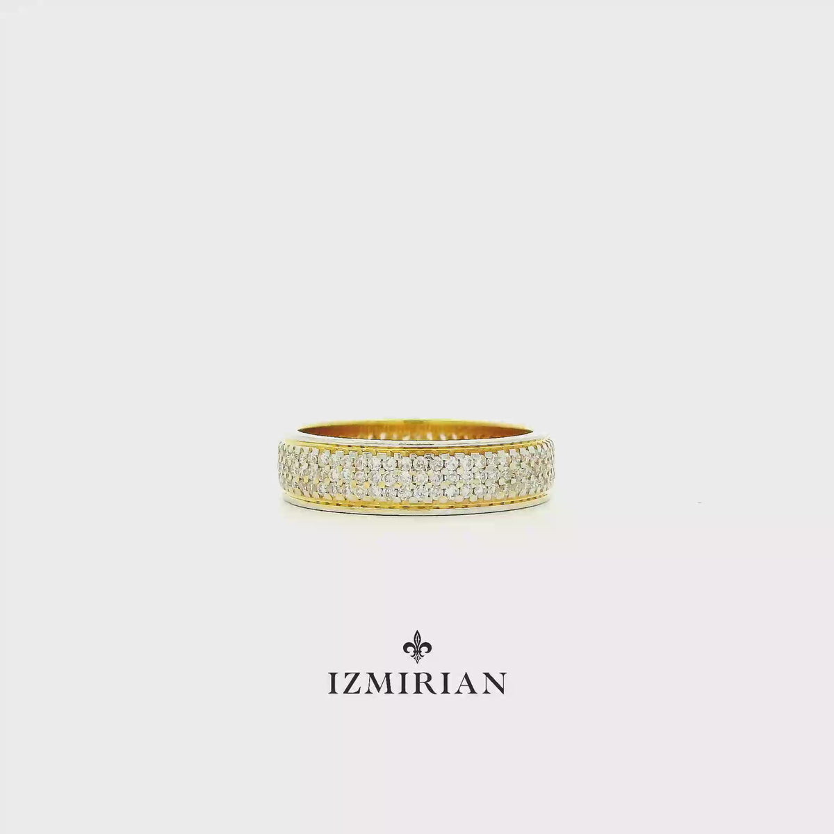 Yellow gold diamond pavé band ring shown in motion