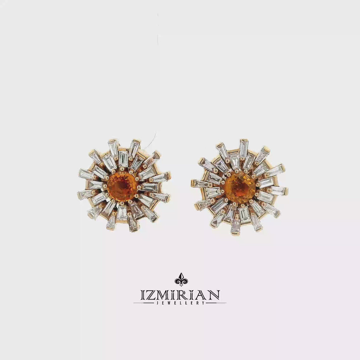 Sunburst orange sapphire earrings in rose gold with baguette diamond sparkle