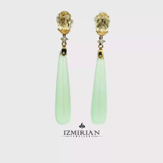 Citrine and jade drop earrings in yellow gold shown in motion