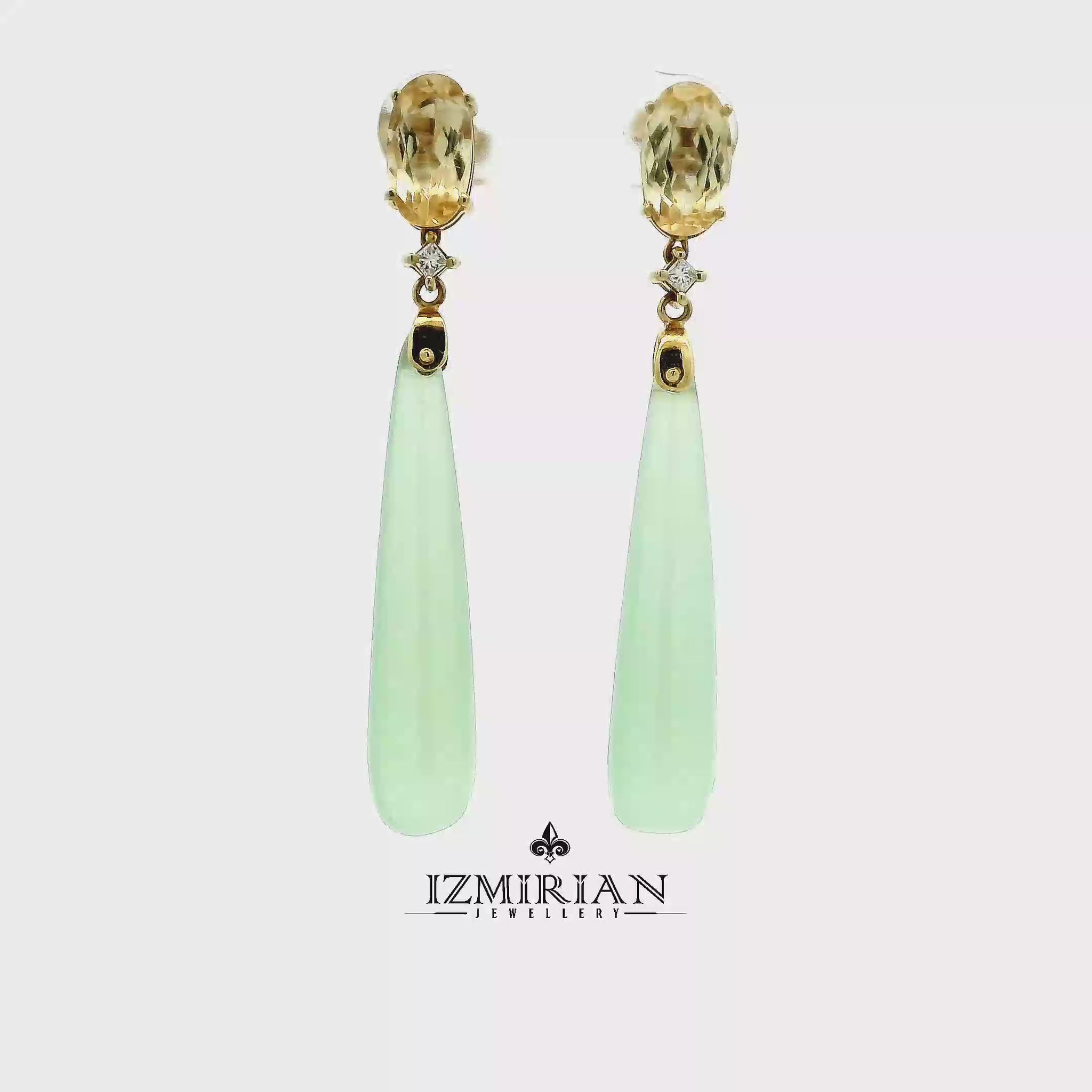 Citrine and jade drop earrings in yellow gold shown in motion