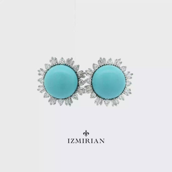 Turquoise diamond halo stud earrings in white gold shown in motion