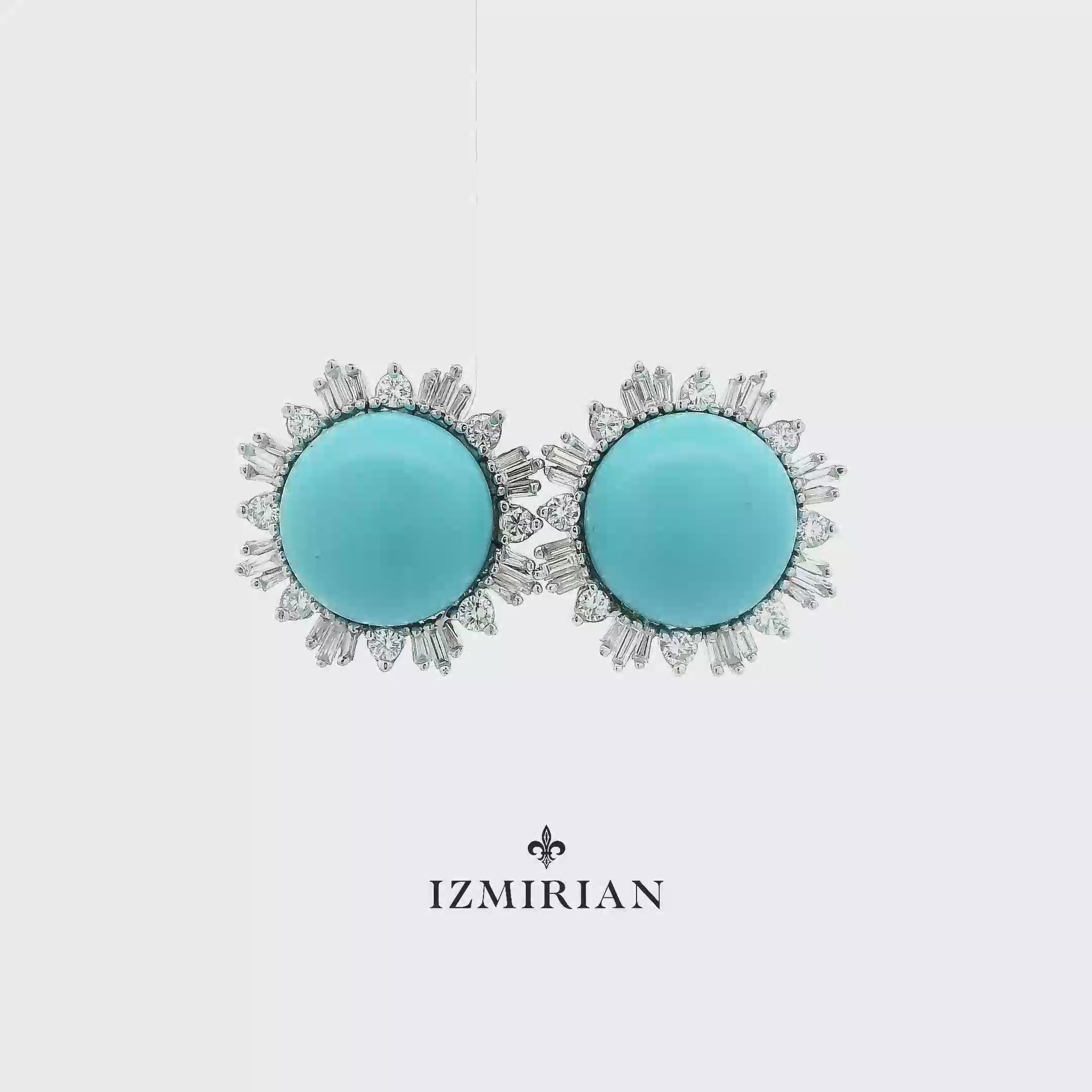 Turquoise diamond halo stud earrings in white gold shown in motion