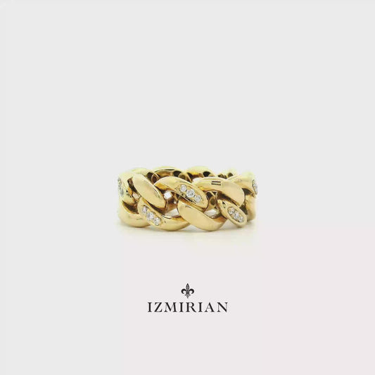 Yellow gold Cuban link ring with diamonds shown in motion