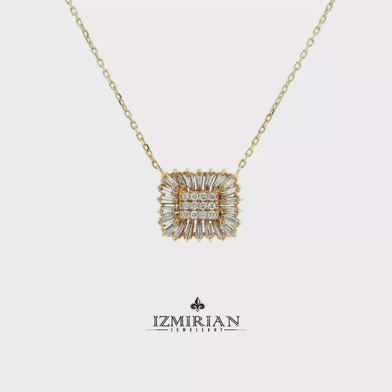 Baguette and round diamond square pendant in yellow gold shown in motion