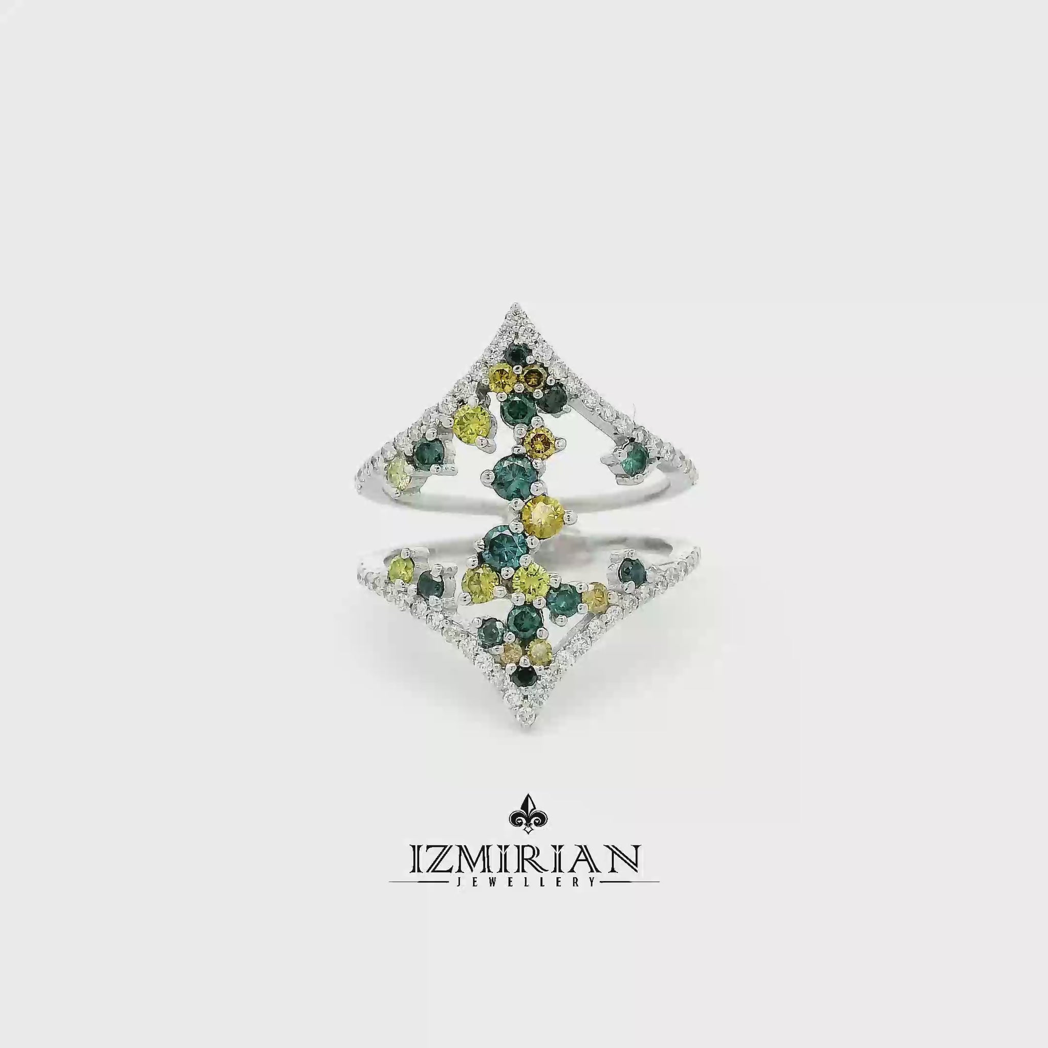 Multicolor diamond open cuff ring in white gold shown in motion