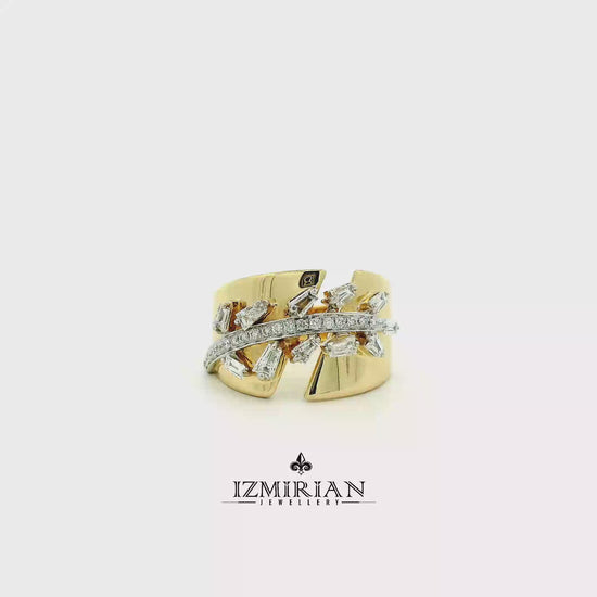 Diamond burst open cuff ring in yellow and white gold shown in motion
