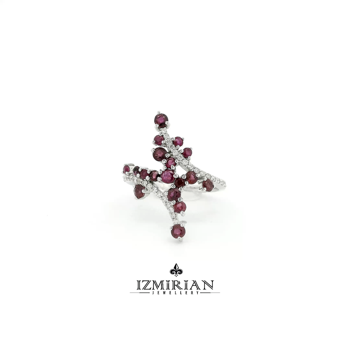 White gold cross cluster ring set with round rubies and pavé diamonds