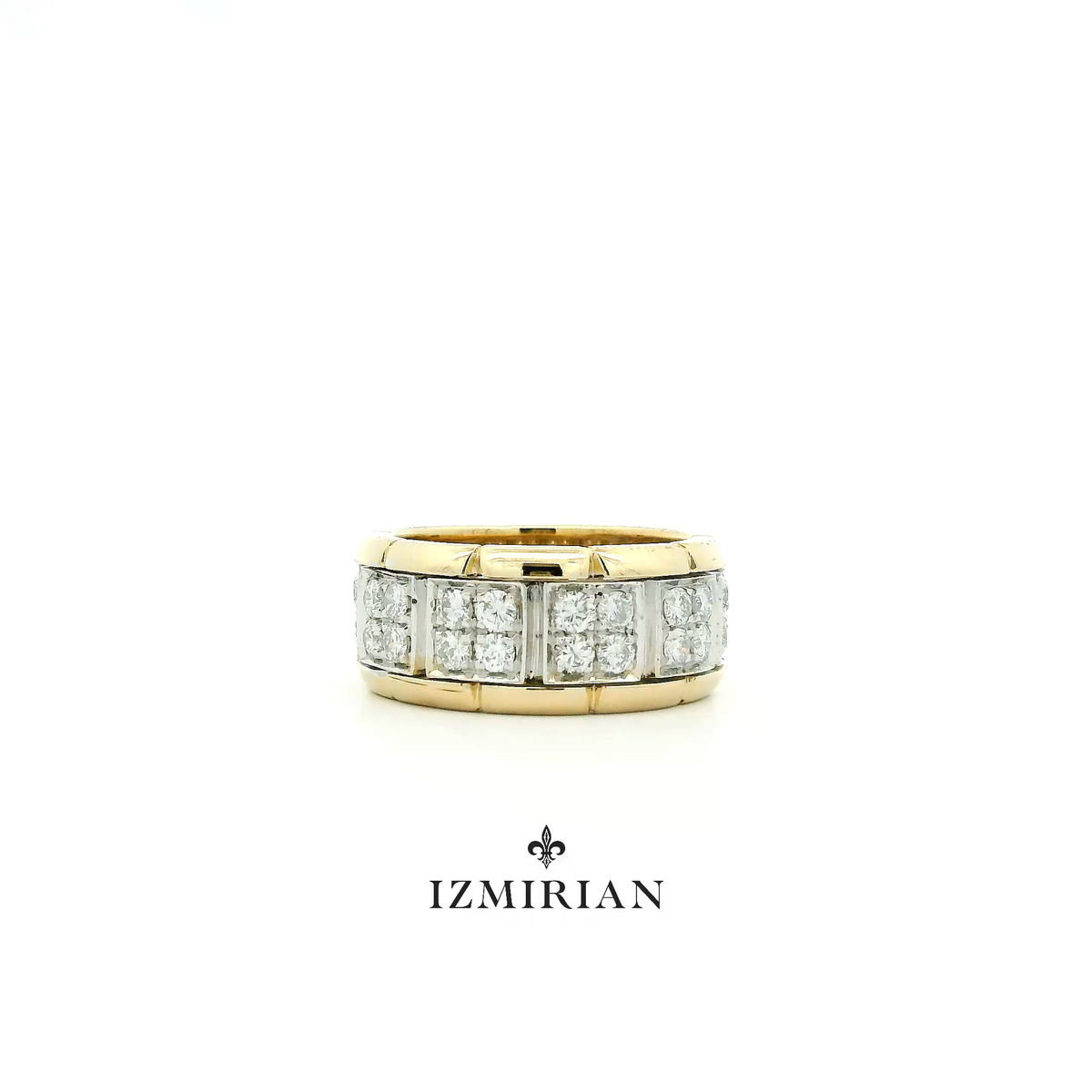 Yellow and white gold band ring with square diamond-set stations
