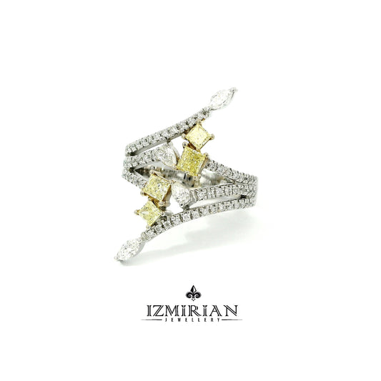 Angled view of open band ring with yellow diamond detailing